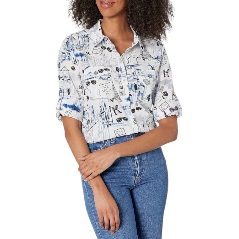 Karl Lagerfeld Paris Novelty Print Long Sleeve Blouse Top Women’s Large Artsy